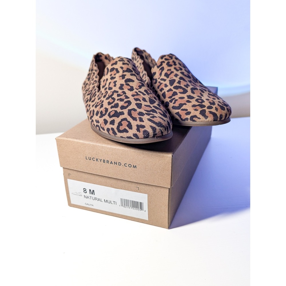 NIB Lucky Brand Caliya Leopard Print Scalloped Flats Natural 8 Suede Shoes Cats